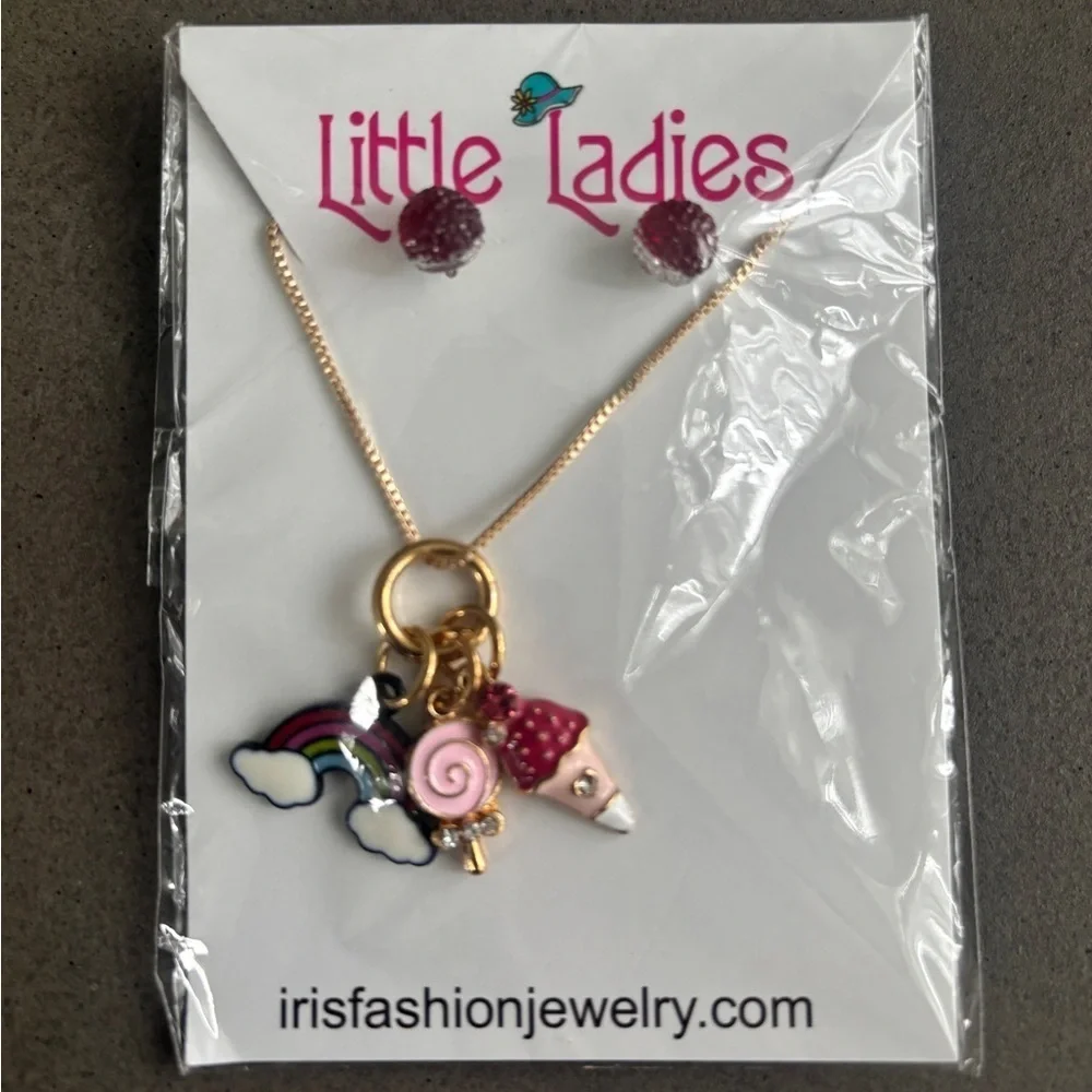 Little Ladies Kids Necklace and Earring Set - Gold and Pink Charms NEW